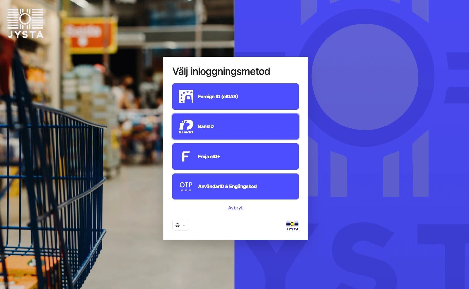 Exempel på en varumärkesanpassad inloggningssida för Jysta med BankID, Freja eID+, eIDAS och engångskod